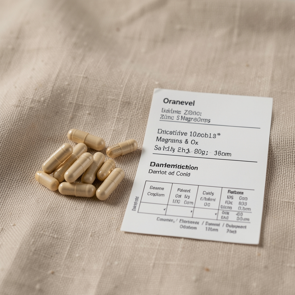 Oranevel zinc and magnesium daily supplement capsules arranged on a linen surface with a batch coding label and elemental composition reference card