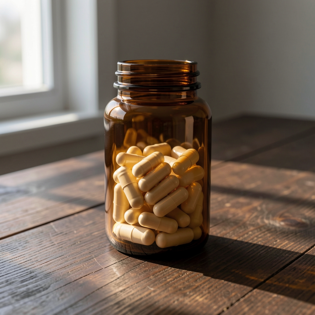 Vitamin D3 and B12 supplement capsules in an amber glass bottle on a dark wooden surface with morning light from a window casting soft shadows