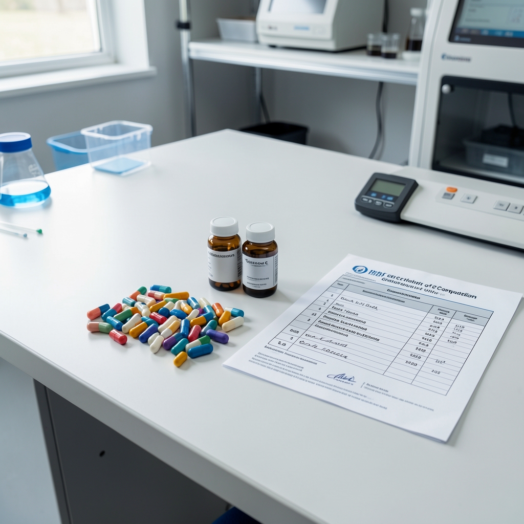 Selenium and Vitamin C supplement capsules displayed on a quality-control bench in a clean workspace with a printed lot record and certificate of composition alongside