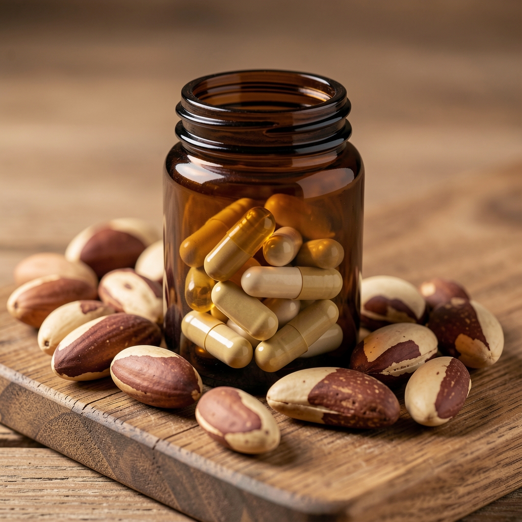 Selenium and CoQ10 supplement capsules in a dark glass bottle surrounded by natural selenium-rich Brazil nut specimens on a wooden board