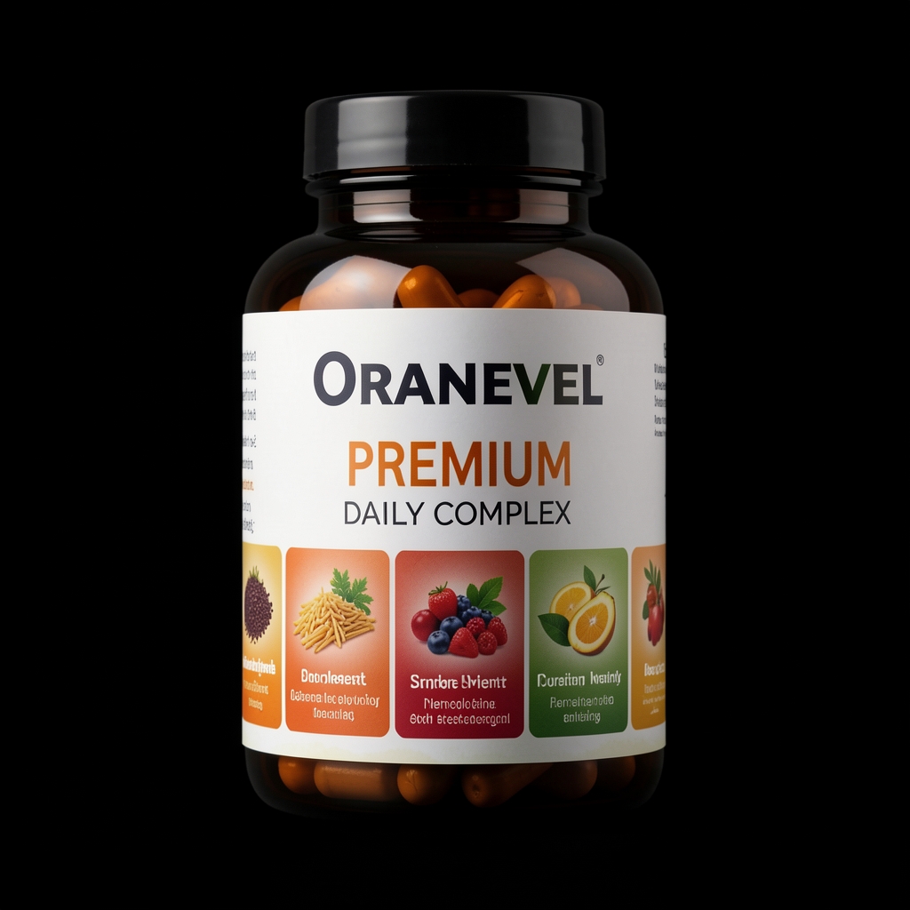 Oranevel premium daily complex supplement bottle with all six ingredient panels visible on the label, photographed on a black background under professional studio lighting