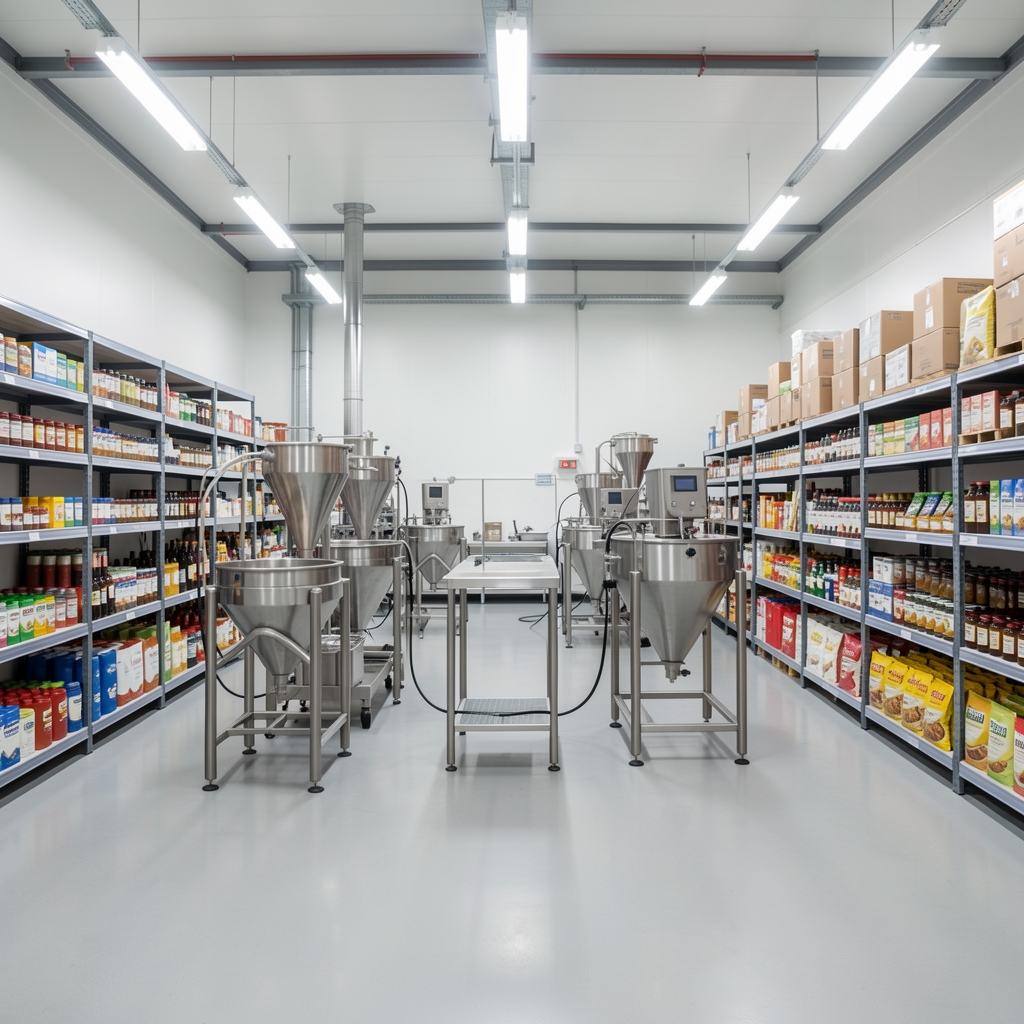 Wide-angle view of the Oranevel Jakarta production facility with supplement mixing stations and ingredient storage shelves illuminated under bright studio lighting