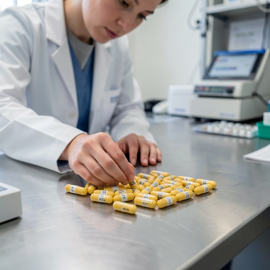 Close-up of a quality-control technician examining batch-coded supplement capsules on a stainless steel inspection table in a clean workspace
